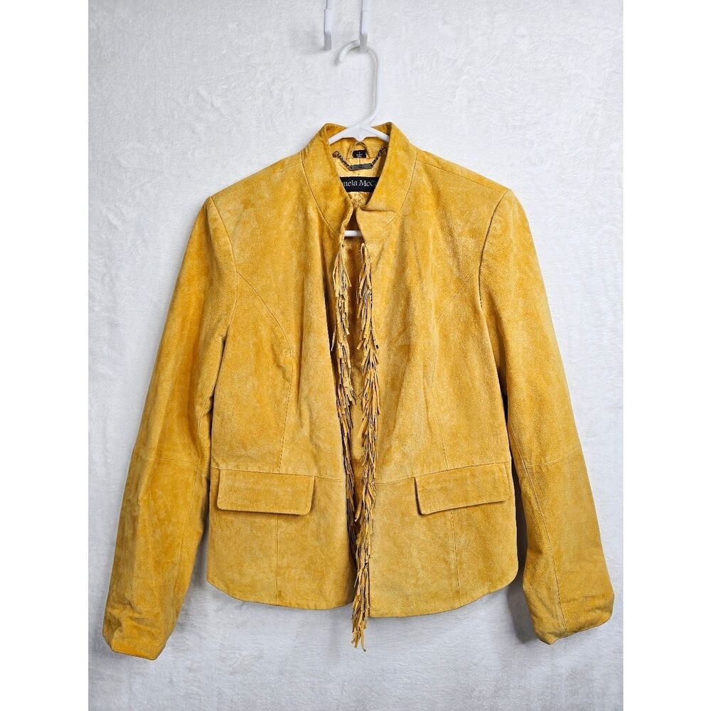 VTG Pamela McCoy Gold Mustard Leather Fringe Jacket Womens Small Western Boho